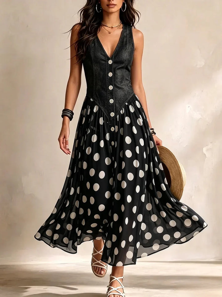 Adeline | Denim & Polka Dot Maxi Dress