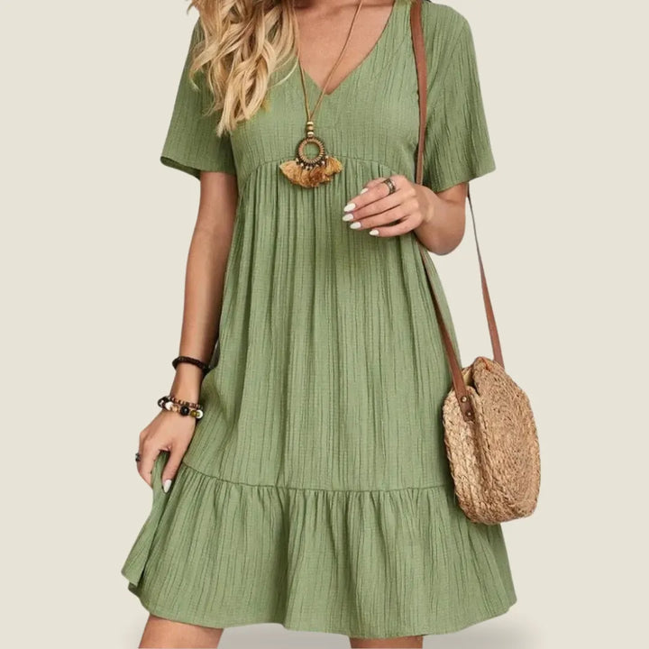 Summer V-Neck A-Line Dress with Short Sleeves