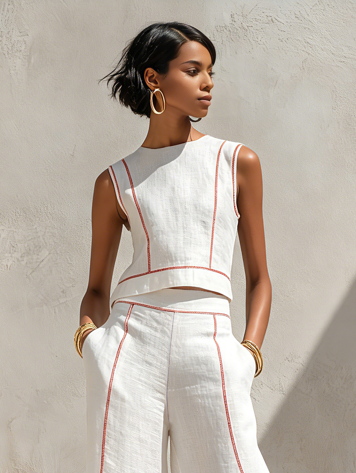 Amelia | Linen Blend Contrast Stitch Co-Ord Set