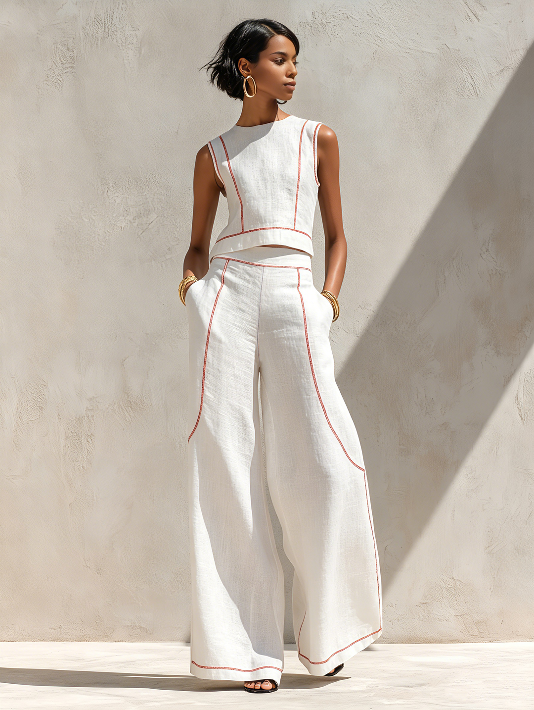 Amelia | Linen Blend Contrast Stitch Co-Ord Set