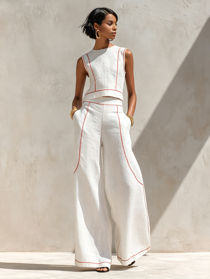 Amelia | Linen Blend Contrast Stitch Co-Ord Set