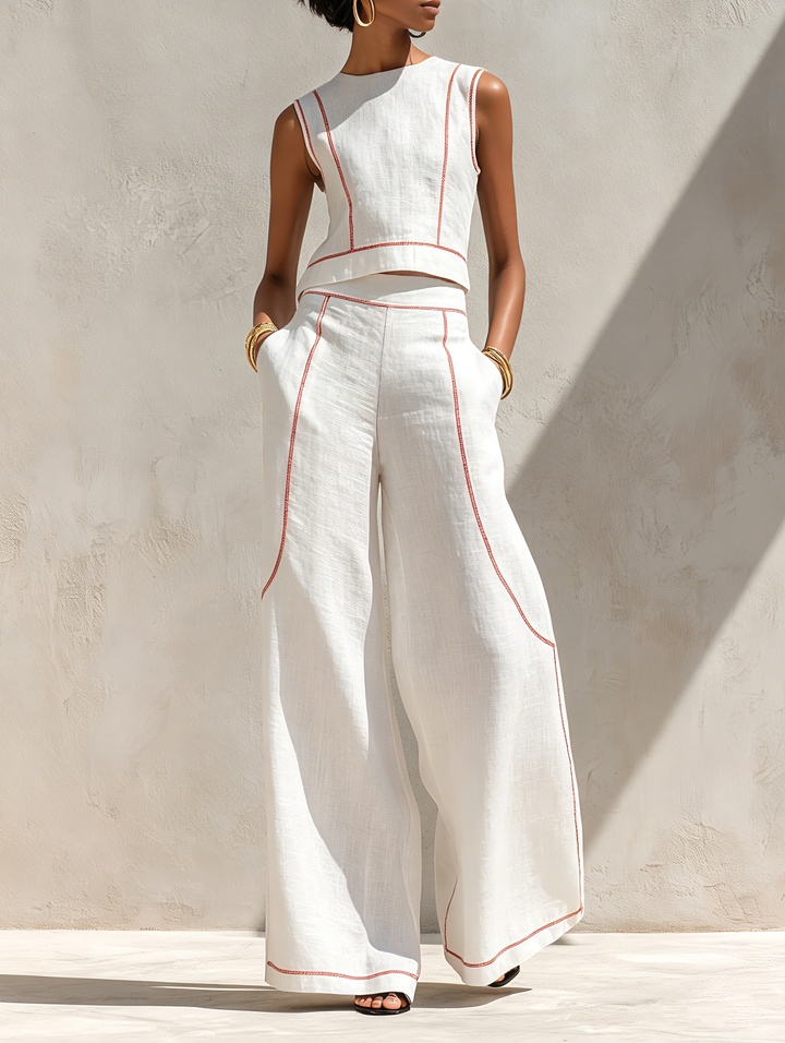 Amelia | Linen Blend Contrast Stitch Co-Ord Set