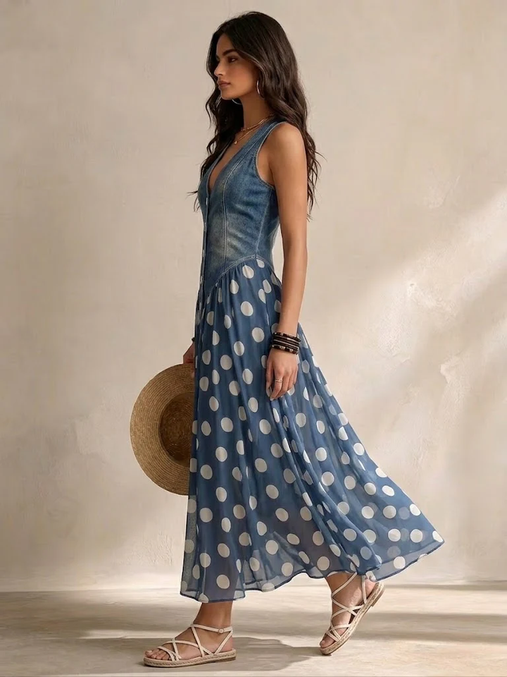 Adeline | Denim & Polka Dot Maxi Dress