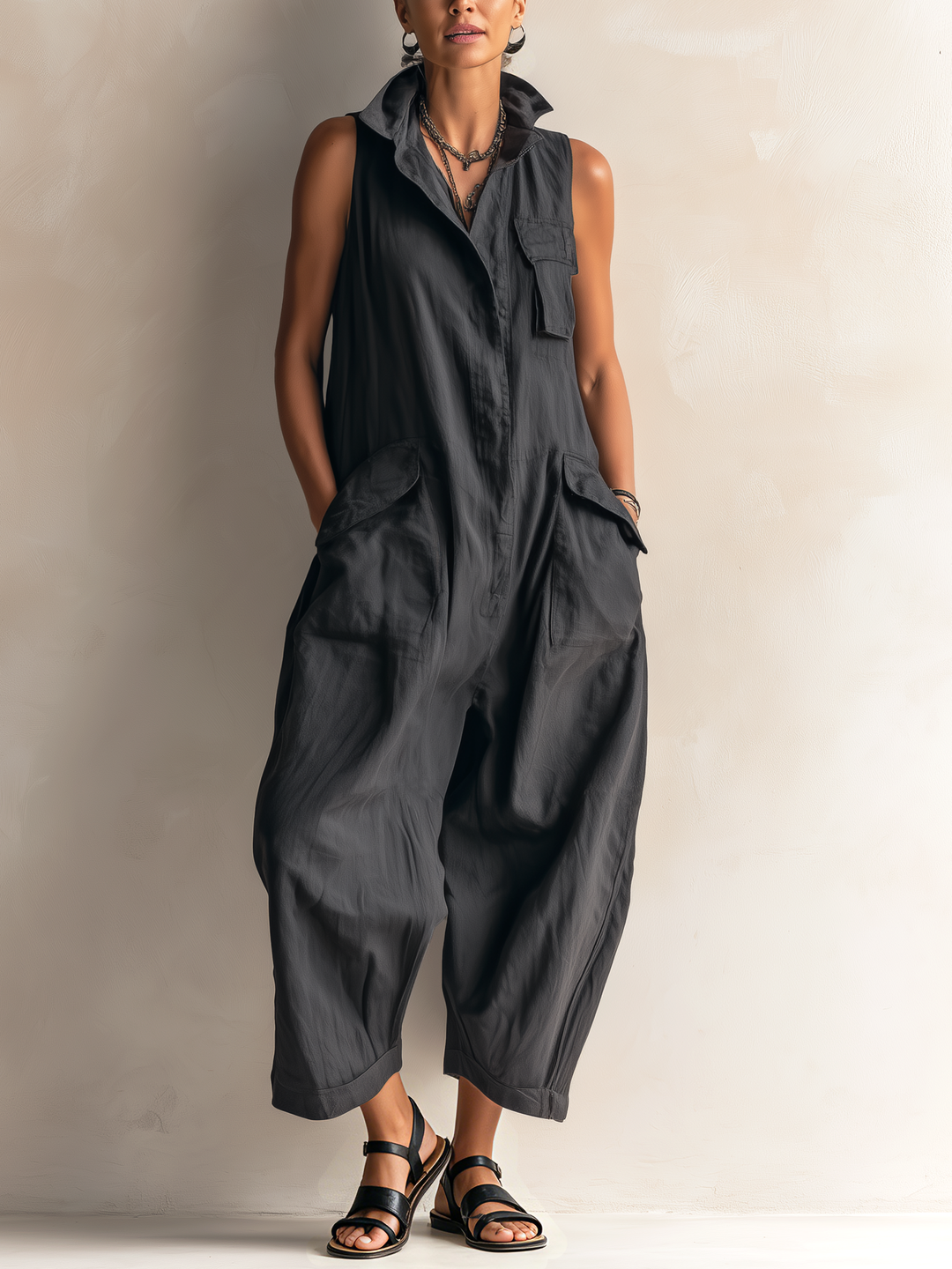 Rose | Black Sleeveless Utility Wide-Leg Jumpsuit