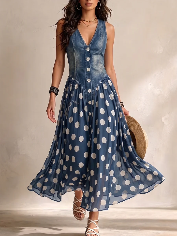 Brenda | Denim Top Polka Dot Chiffon Dress
