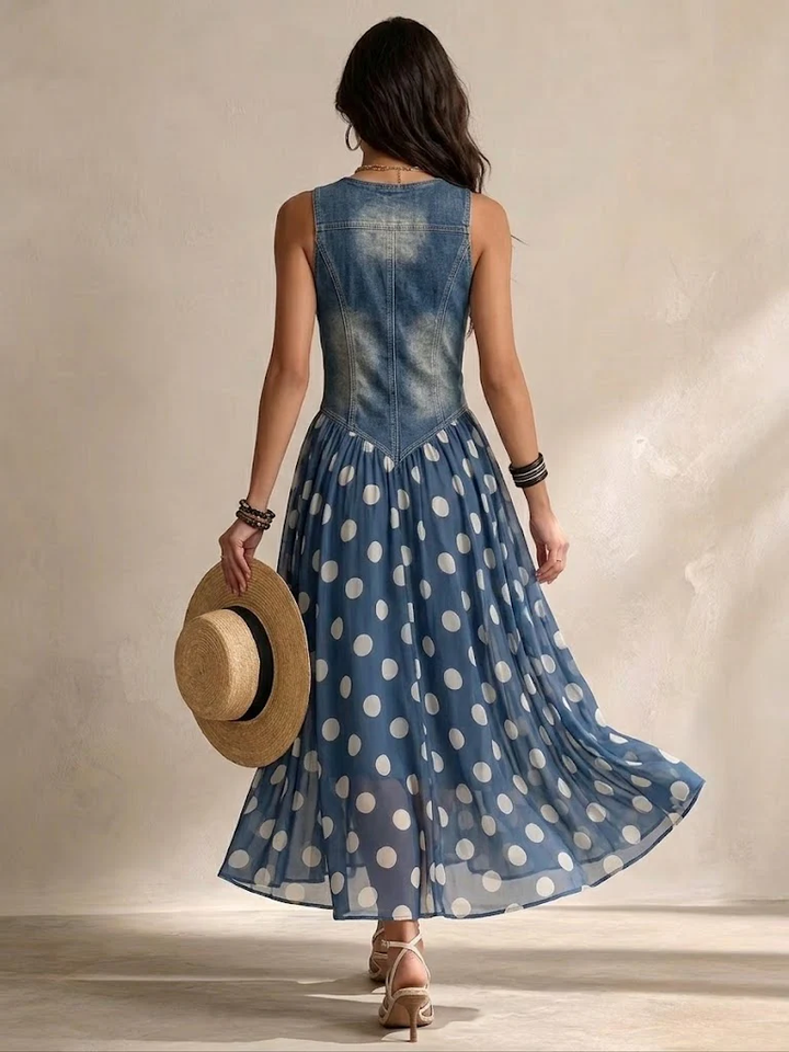 Brenda | Denim Top Polka Dot Chiffon Dress