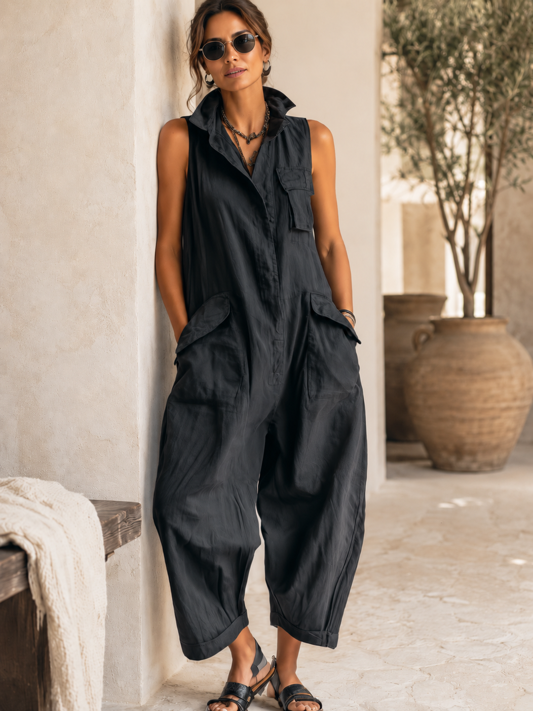 Rose | Black Sleeveless Utility Wide-Leg Jumpsuit