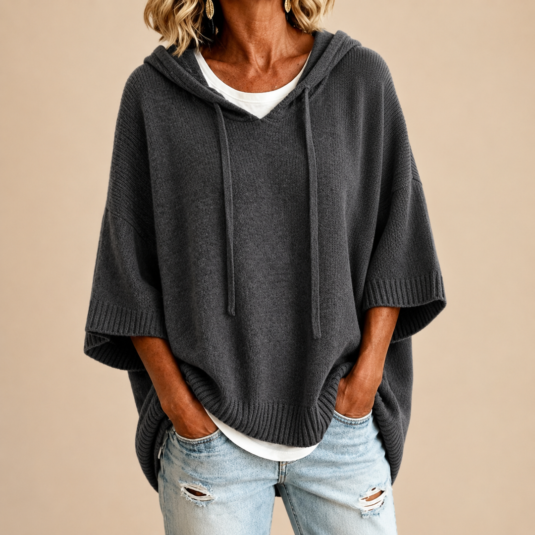 Grey Hooded Knit Poncho
