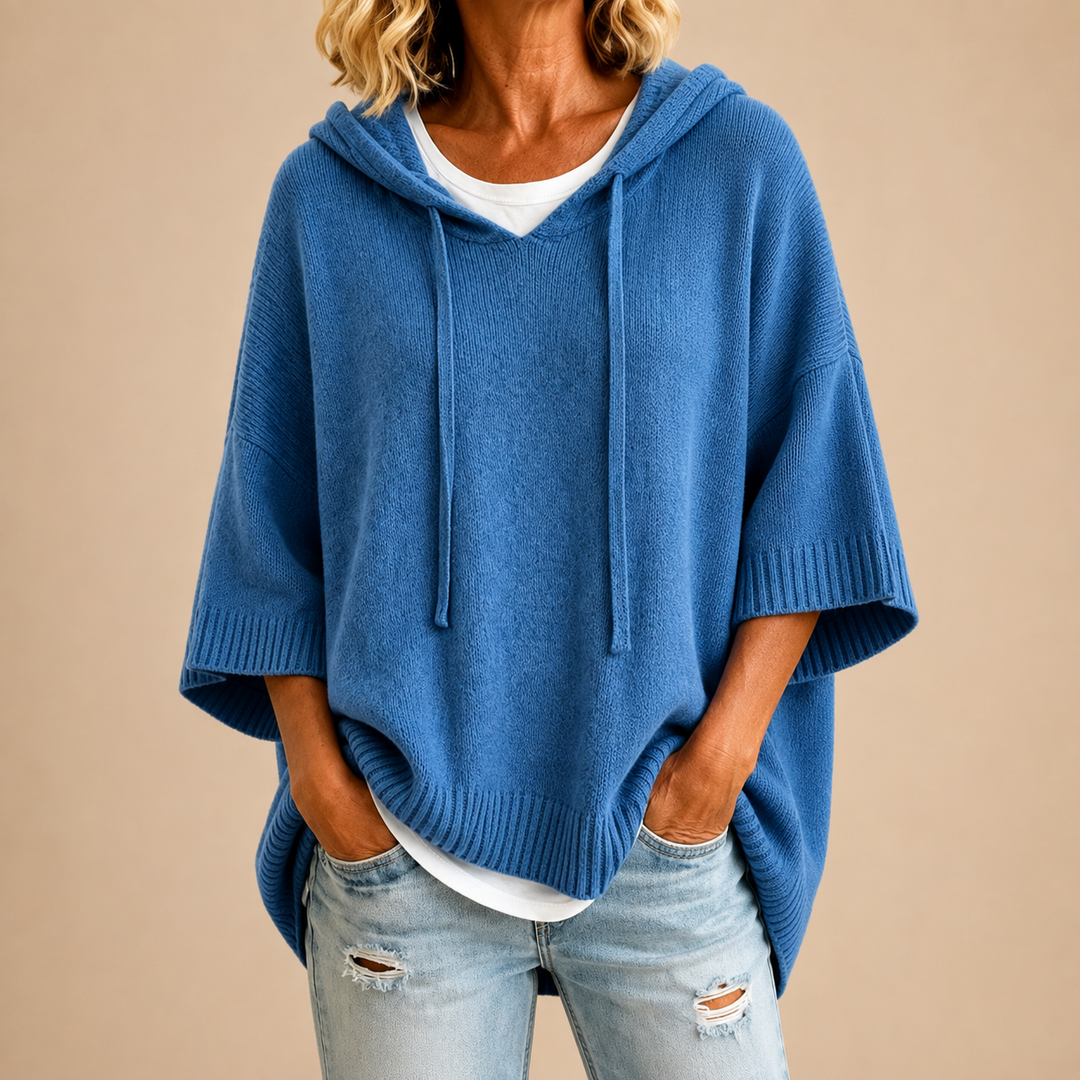 Blue Hooded Knit Poncho