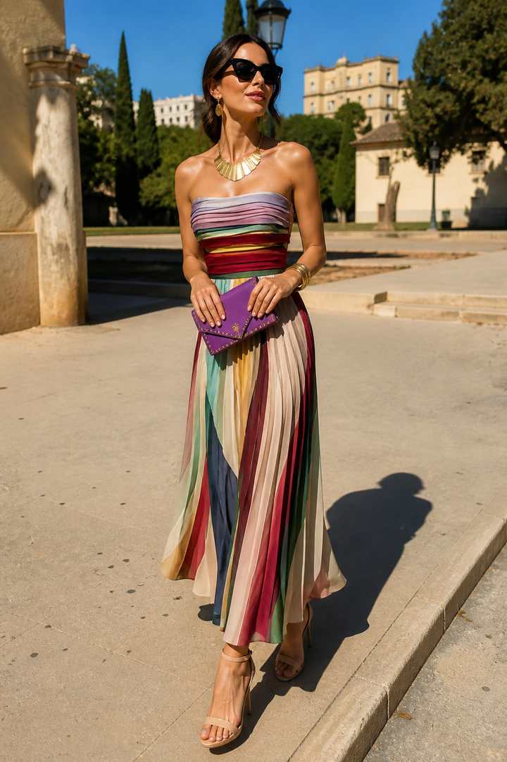 Vivienne | Pleated Rainbow Maxi Dress