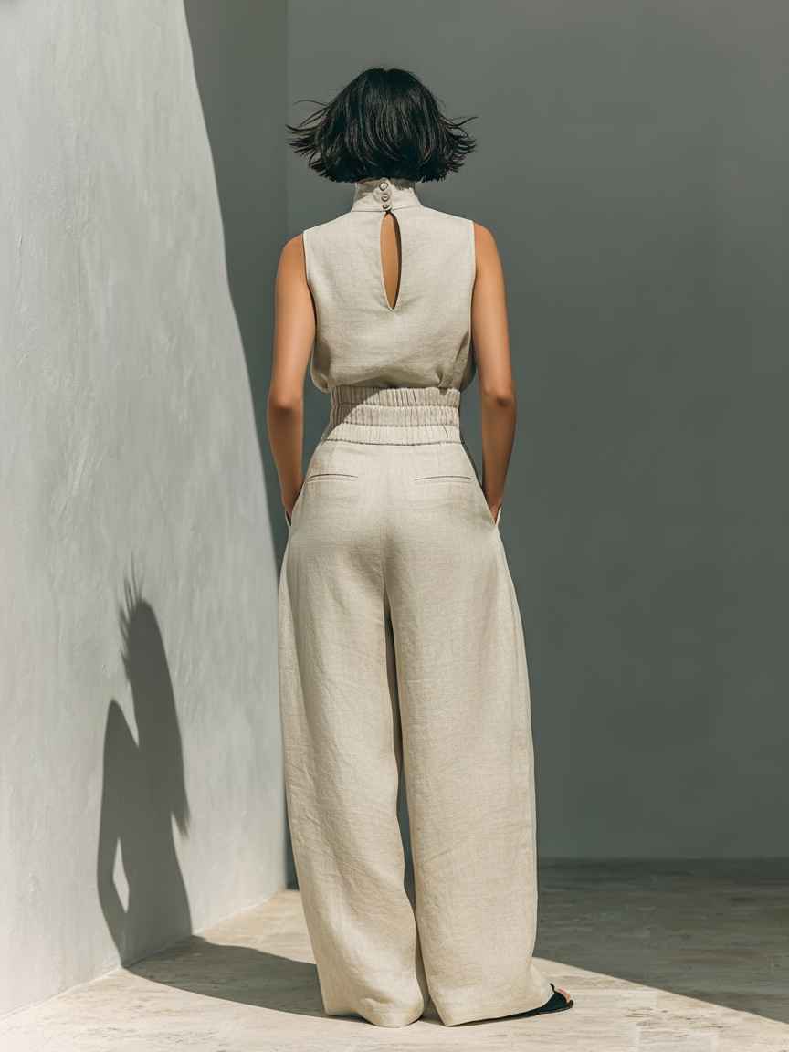 Summer Suit: Sleeveless Top and Wide-Leg Trousers in Cotton and Linen Blend.
