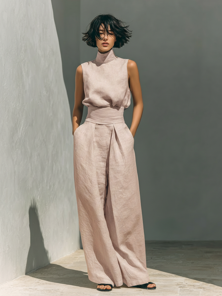 Summer Suit: Sleeveless Top and Wide-Leg Trousers in Cotton and Linen Blend.