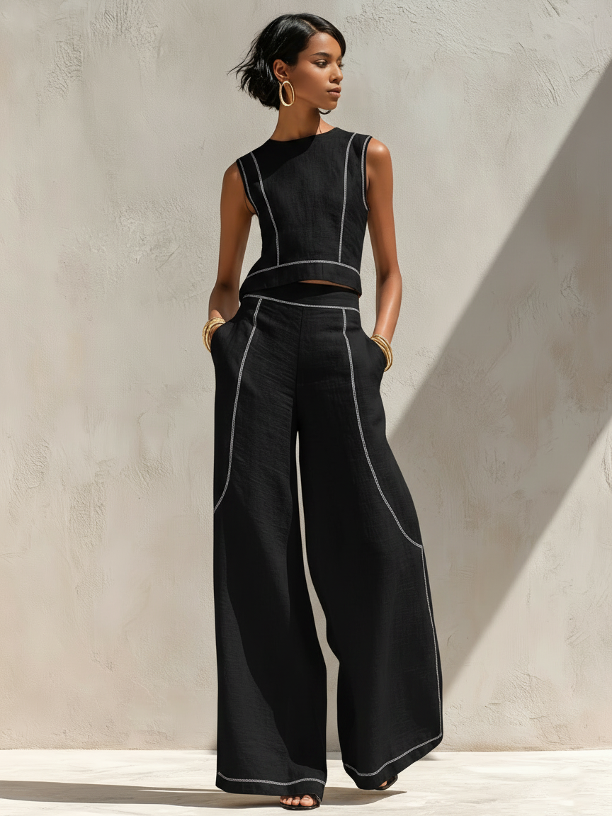 Amelia | Linen Blend Contrast Stitch Co-Ord Set