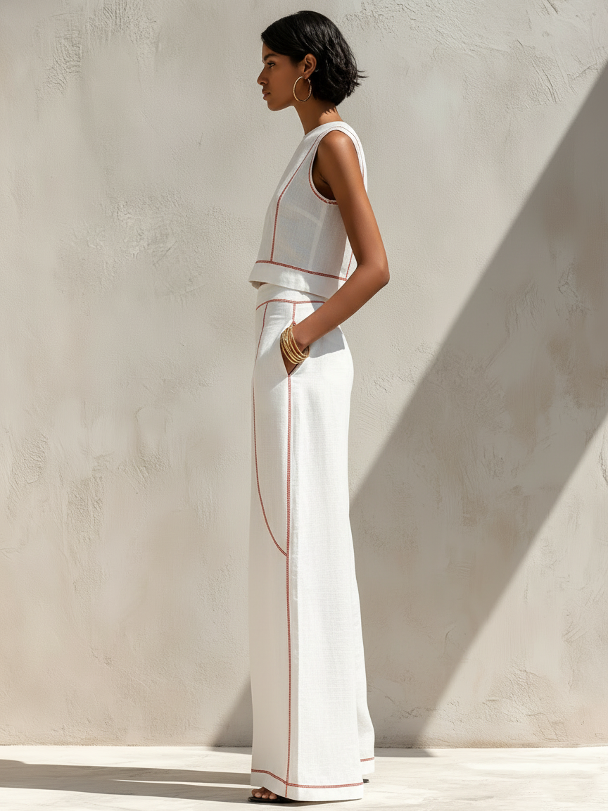 Amelia | Linen Blend Contrast Stitch Co-Ord Set