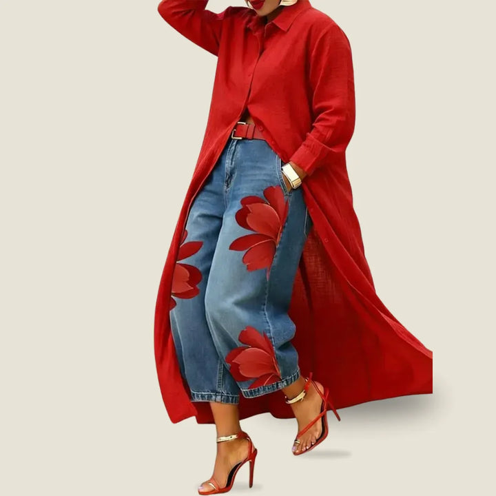 Analie - Linen Shirt Dress and Floral Jeans Set
