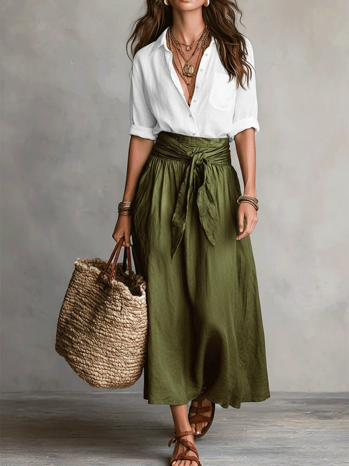 Vera – Two Piece Set: Black T-shirt and Olive Green Midi Skirt