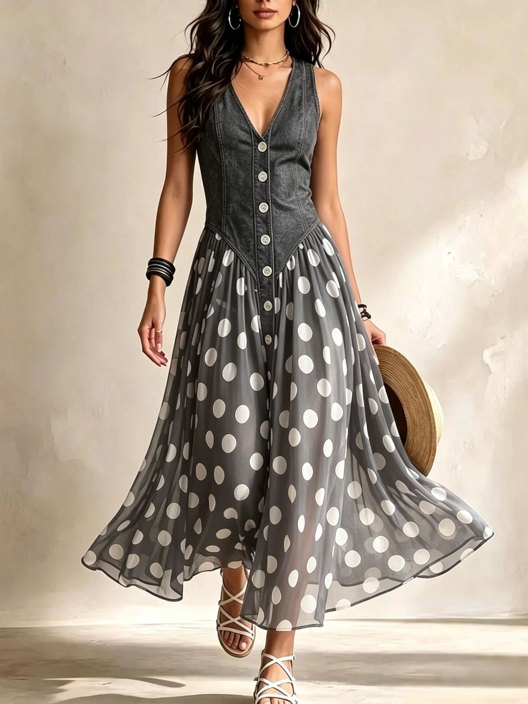 Adeline | Denim & Polka Dot Maxi Dress