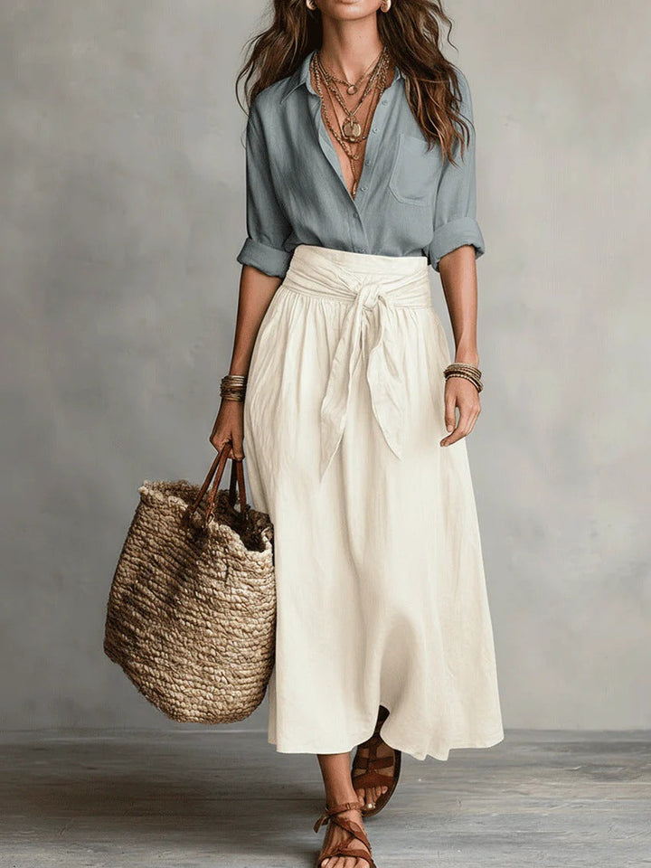 Vera – Two Piece Set: Black T-shirt and Olive Green Midi Skirt