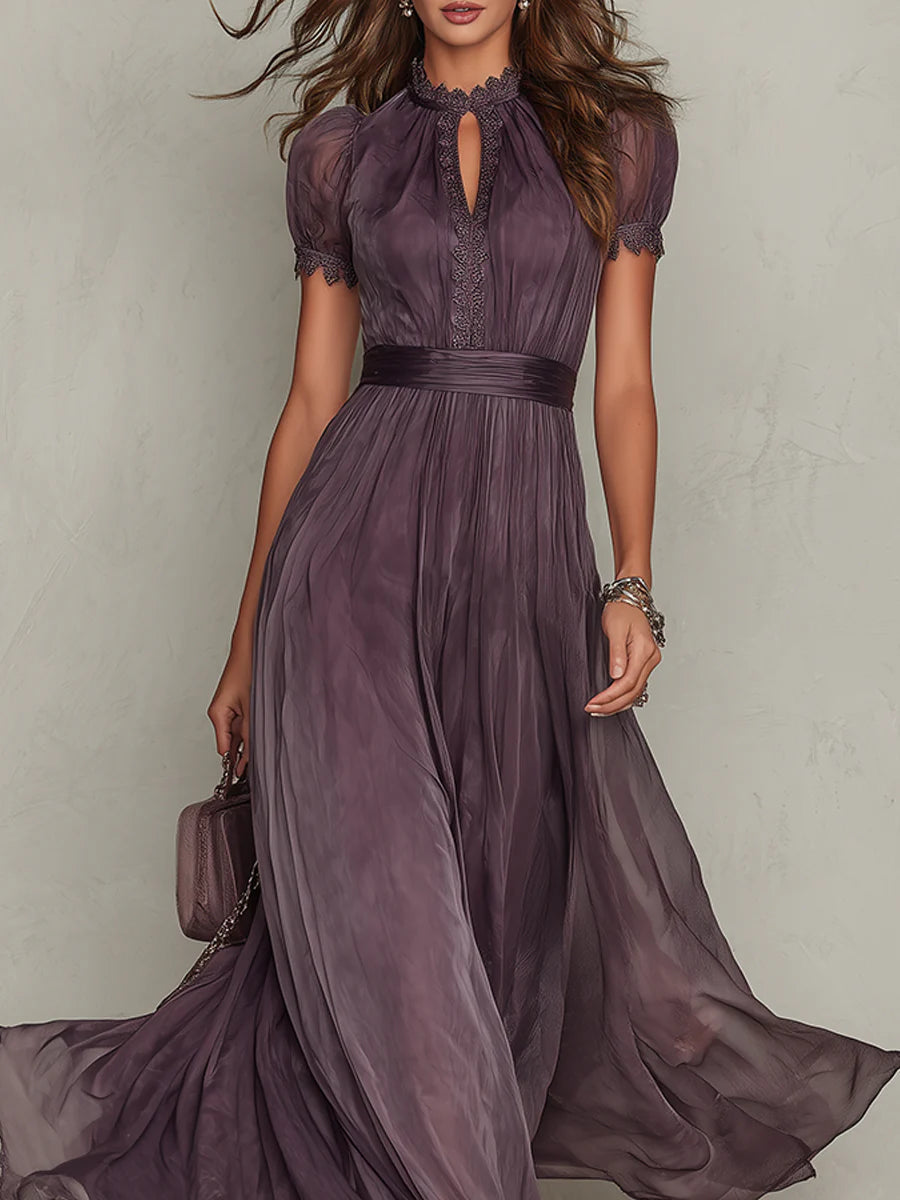 Flavia | Long Purple Dress with Keyhole Neckline and Chiffon Lace Details