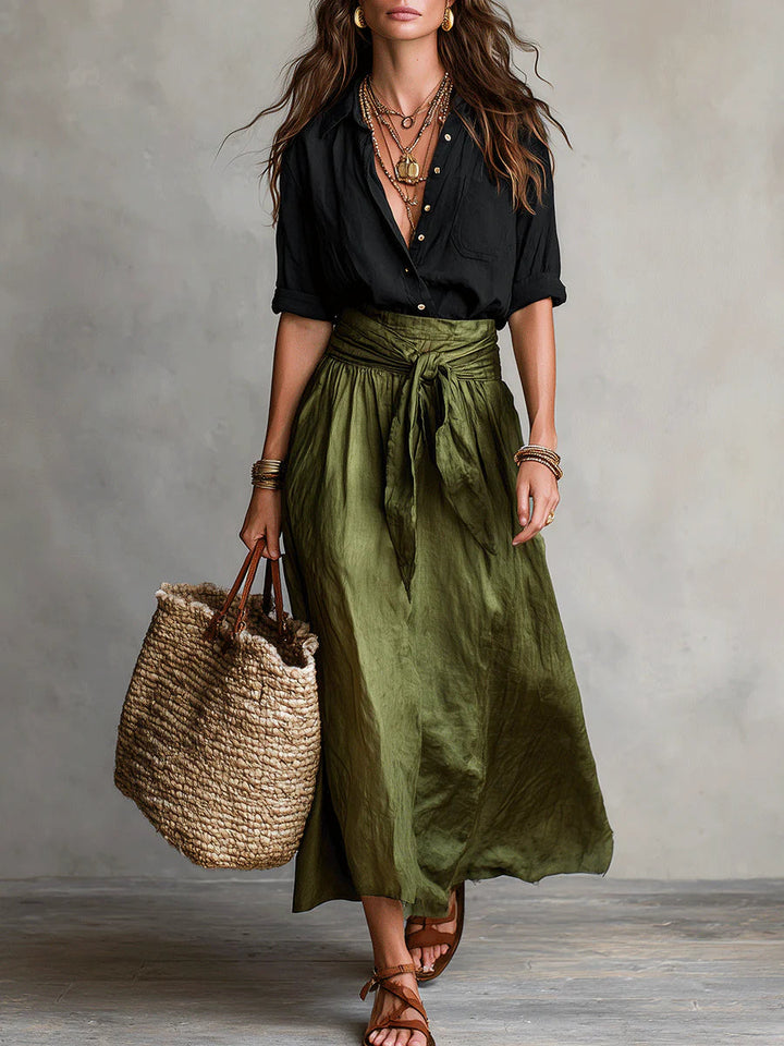 Vera – Two Piece Set: Black T-shirt and Olive Green Midi Skirt