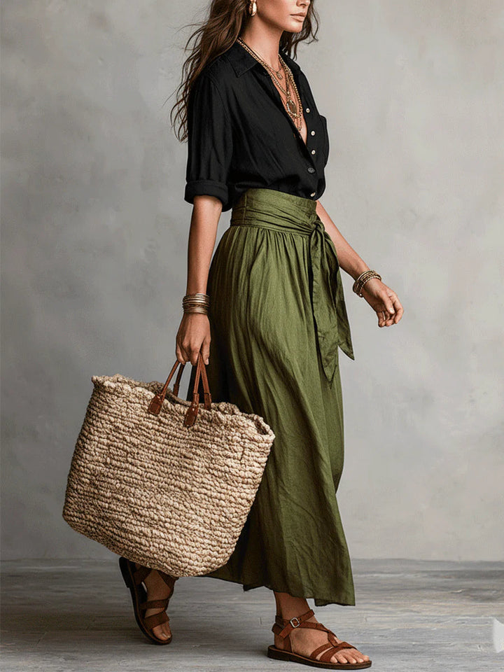 Vera – Two Piece Set: Black T-shirt and Olive Green Midi Skirt