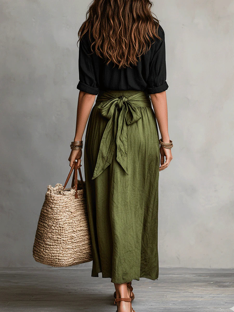 Vera – Two Piece Set: Black T-shirt and Olive Green Midi Skirt