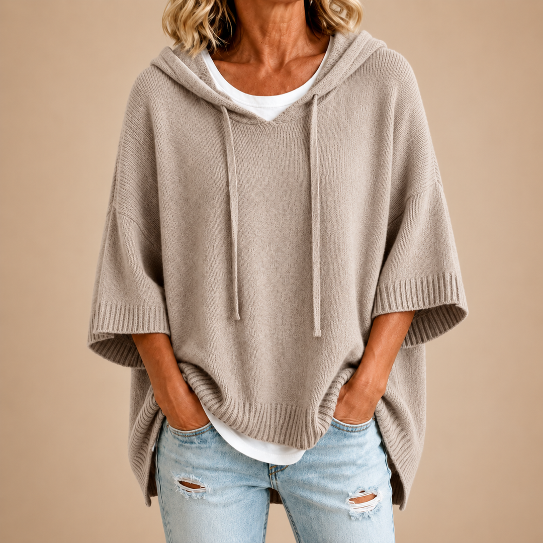 Beige Hooded Knit Poncho